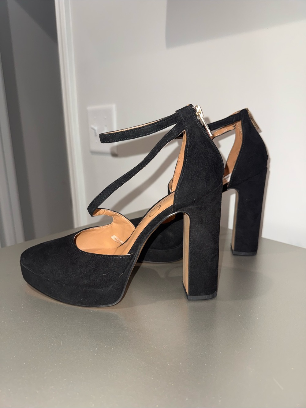 Jessica Simpson Black Suede Block Heel Ankle-Strap Pumps